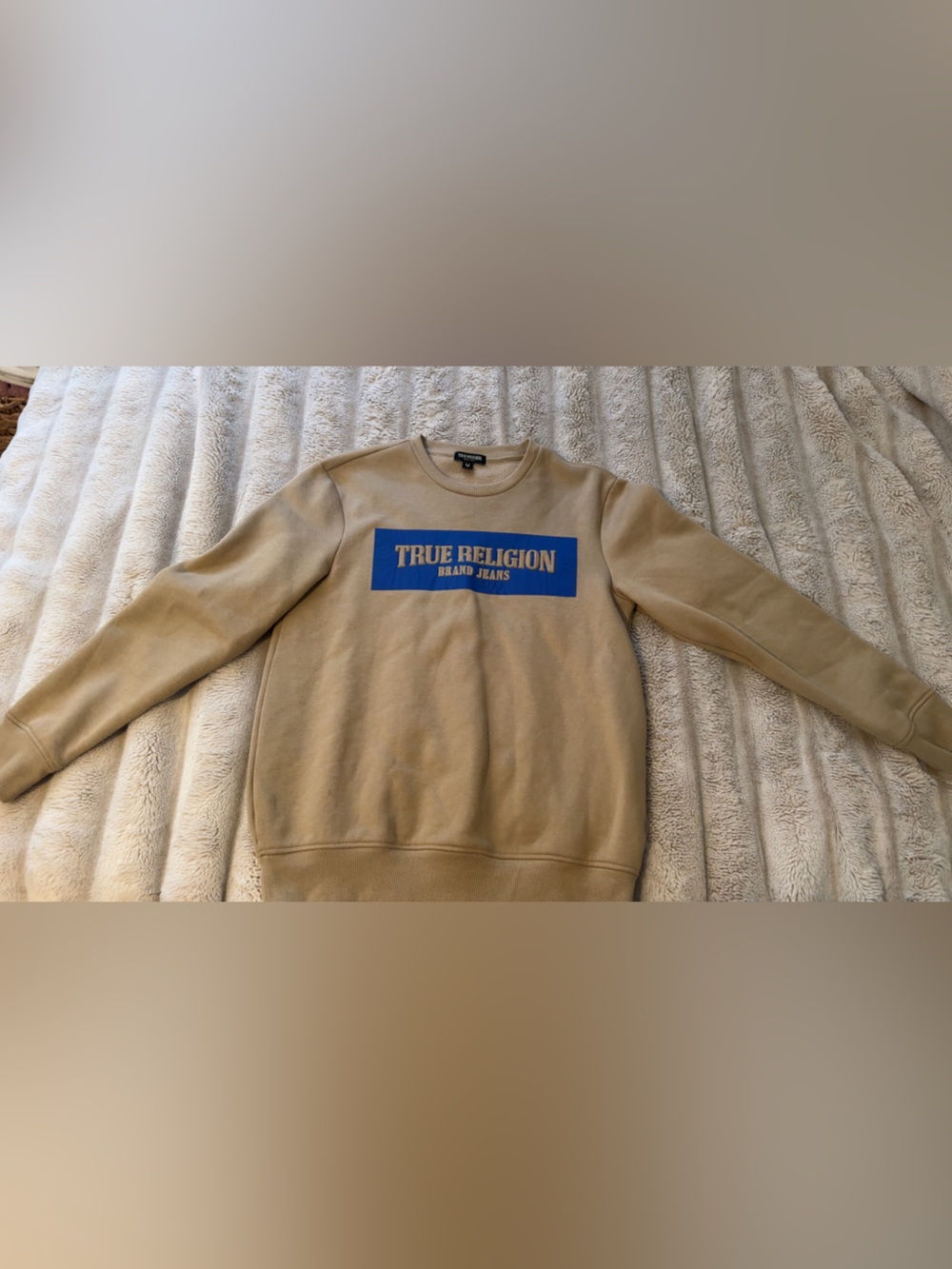 True Religion Beige Crewneck Sweatshirt with Blue Logo Panel